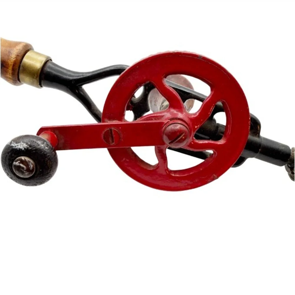 Vintage Hand Crank Eggbeater Drill Red Metal Wood Handle Manual Hand Drill Tool